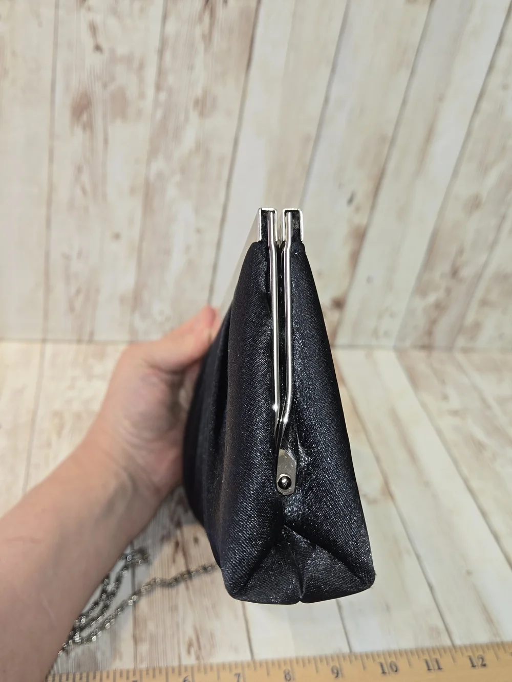 Jessica McClintock Black Satin Clutch Silver Chain Strap Evening Bag